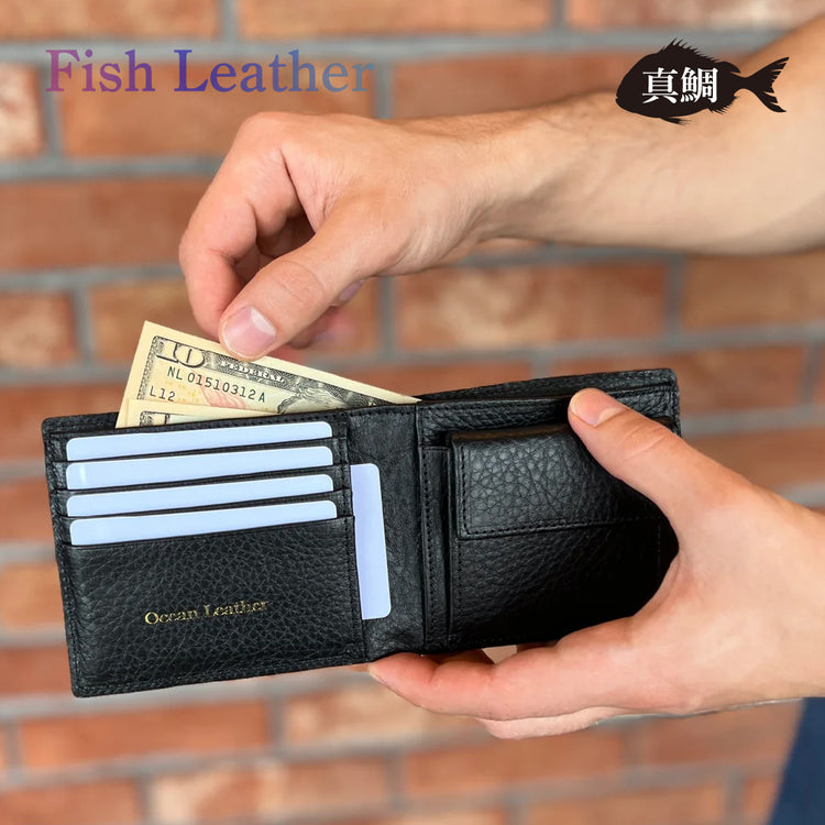 二つ折り財布 フィッシュレザー マダイ オーシャンレザー 魚の皮 革財布 fish leather 真鯛 釣り好きの人 ギフト
